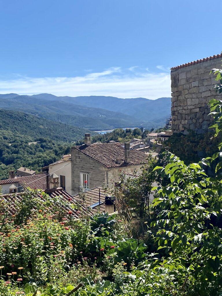 Blick von Gavoi über die Dächer und das Grün bis zum Lago di Gusana